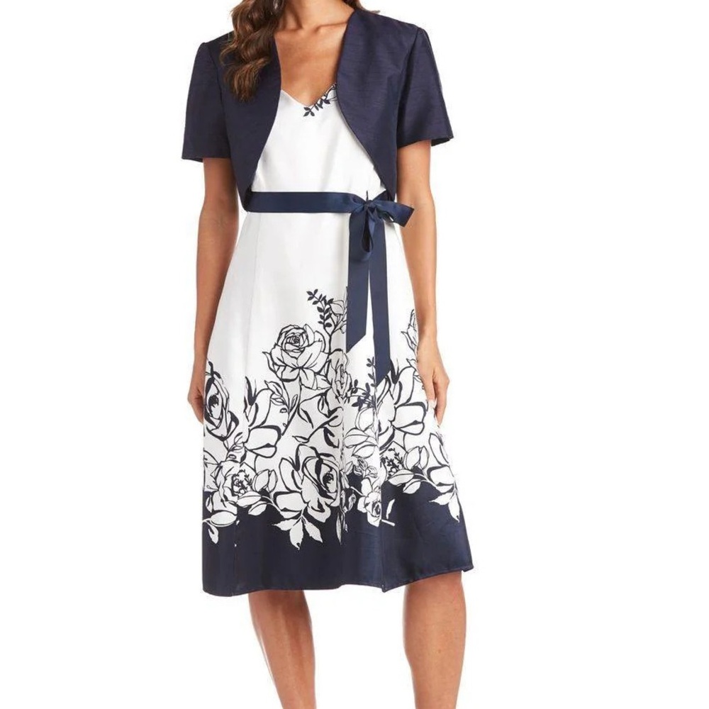 Elegant Navy and White Floral Dress with Bolero, $80